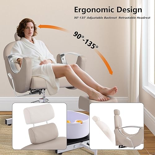 Miniatura 5 de KIGOTY Silla de pedicura sin fontanería con masaje de pies, spa y taburete, estación de pedicura reclinable de elevación hidráulica ajustable, silla