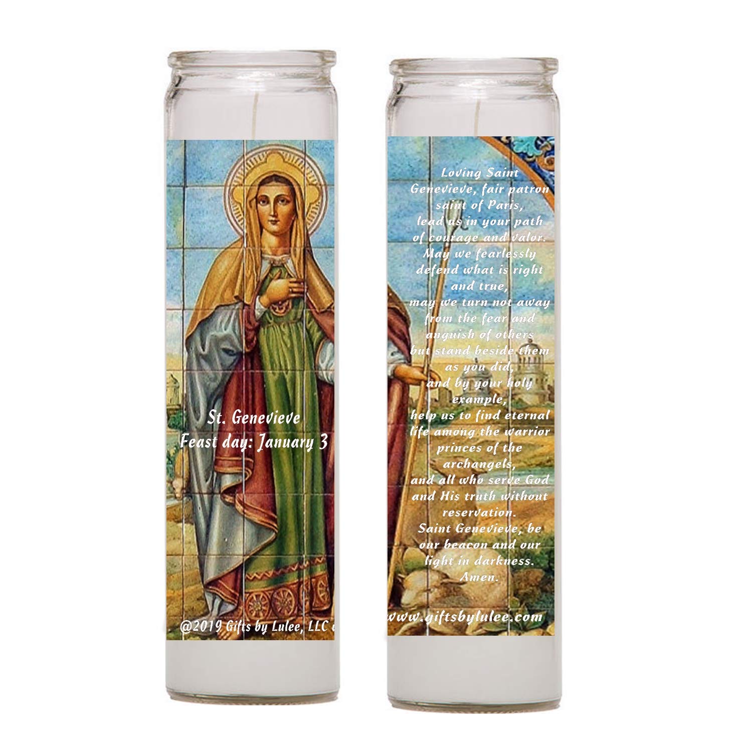 Saint Genevieve Patron of Paris in The Roman and Orthodox Traditions Set of Two 2 Glass Candles with Prayer