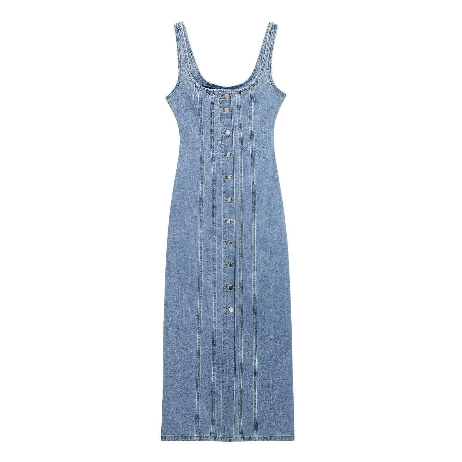 Abito Donna Invernale Denim da Donna in Denim Lungo Abbigliamento Abbottoni Senza Maniche Canotte Jean Maxi Abito con Tasche-Blu-m