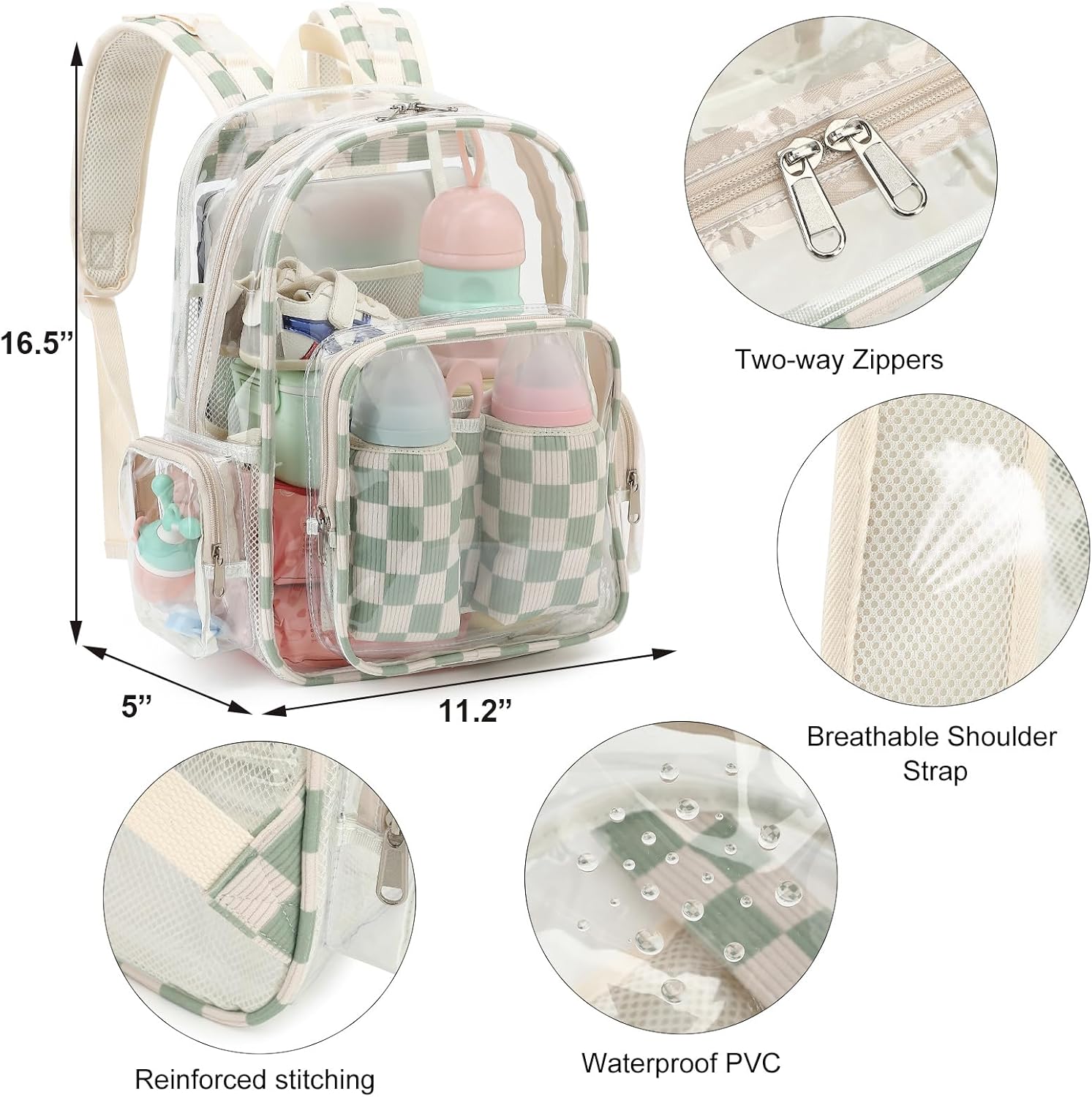 Clear Baby Diaper Bag Backpack for Mom, Large Capacity Travel Nappy Bag for Boys & Girls with Stroller Straps (Corduroy Checkered Green)