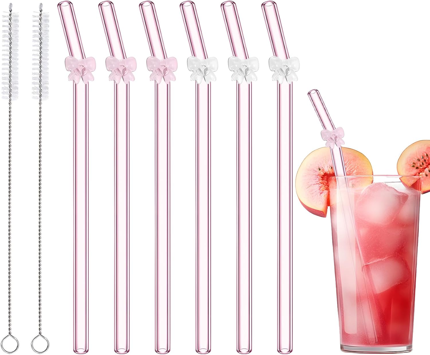6 Pcs Pink Glass Straws, Cute Bow Reusable Glass Straw, 7.9"×8mm