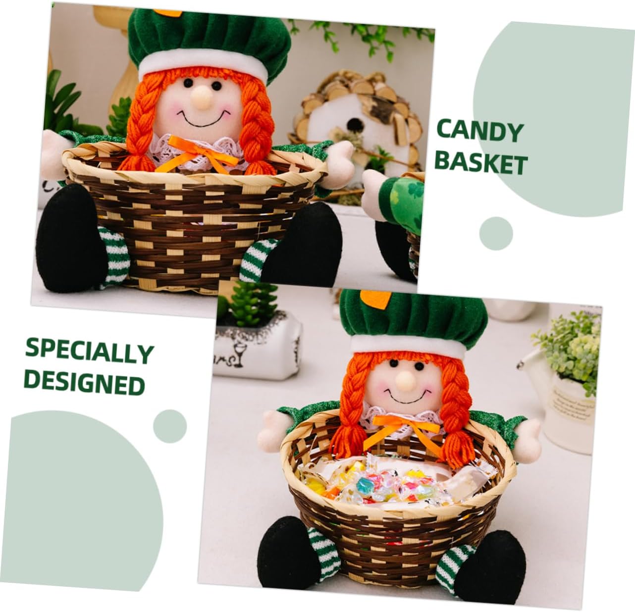 SOLUSTRE Patrick's Day Candy Basket Cartoon Doll Design Festive Leaf Storage Container for Snacks and Treats for Party Decoration and Serving