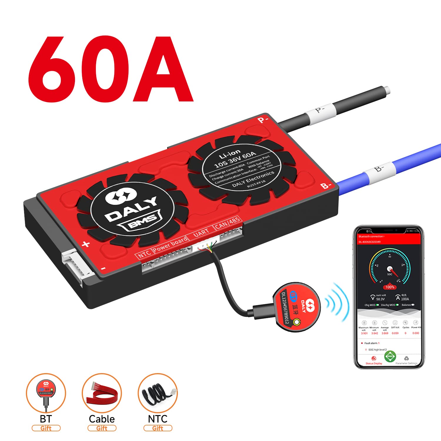 Daly Smart BMS 10S Li-Ion 36V 60A, Placa Protección Inteligente PCB para Batería de Litio con Can, 485, Bluetooth, Equilibrio, NTC