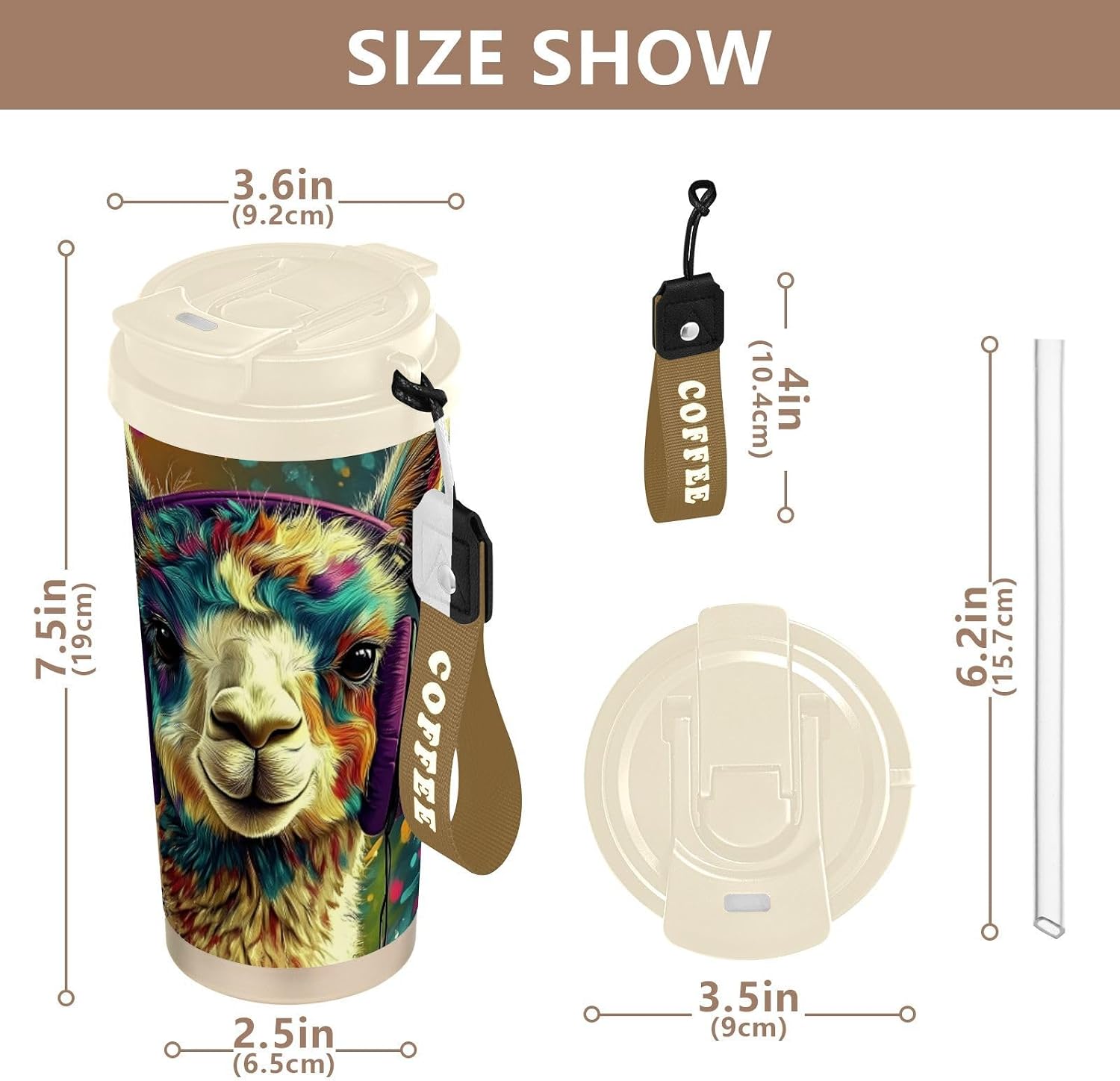 Insulated Coffee Mug Alpaca Art Cute with Straw & Flip Lid, 16.9oz Iced Tumbler Cup, Double Wall Vacuum Mug for Travel Office Camping