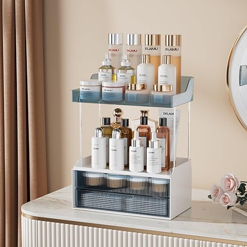 Vista 39 de Delamu Organizador y almacenamiento de baño, 2 niveles y 2 cajones, organizador de maquillaje, fácil de instalar, ideal para encimera de baño