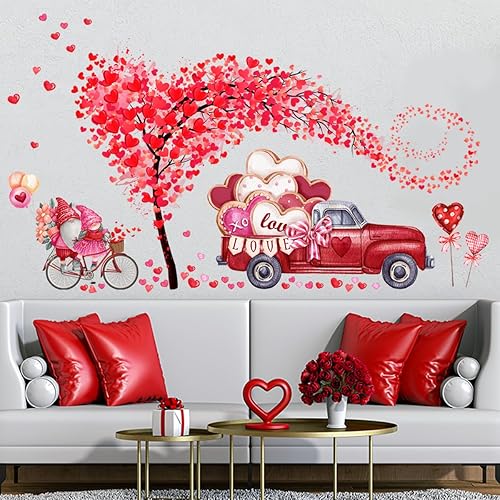 Miniatura 3 de Calcomanías de pared para el día de San Valentín, 2 hojas de calcomanías de pared de árbol de corazón, gnomo rojo, calcomanías de pared extraíbles