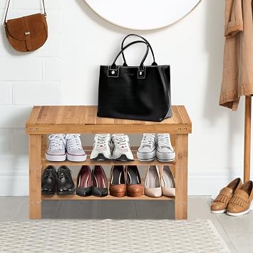 Multigot 3-Tier Shoe Bench, Bamboo Shoe Storage Organizer Seat, Shoe Rack Stand for Entryway Hallway Bedroom Living Room, Holds up to 6 Pairs (Natural)