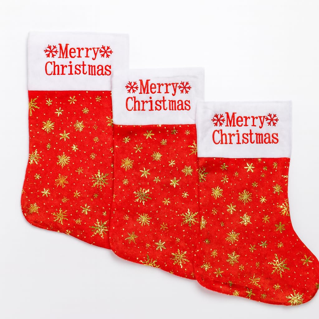 3 x Christmas Stocking with “Merry Christmas” Embroidery - Red & White Plush Stocking with Gold Snowflakes - Premium Xmas Gift Bag for Kids & Adults - Decorative Hanging Sock for Xmas Fireplace Mantel