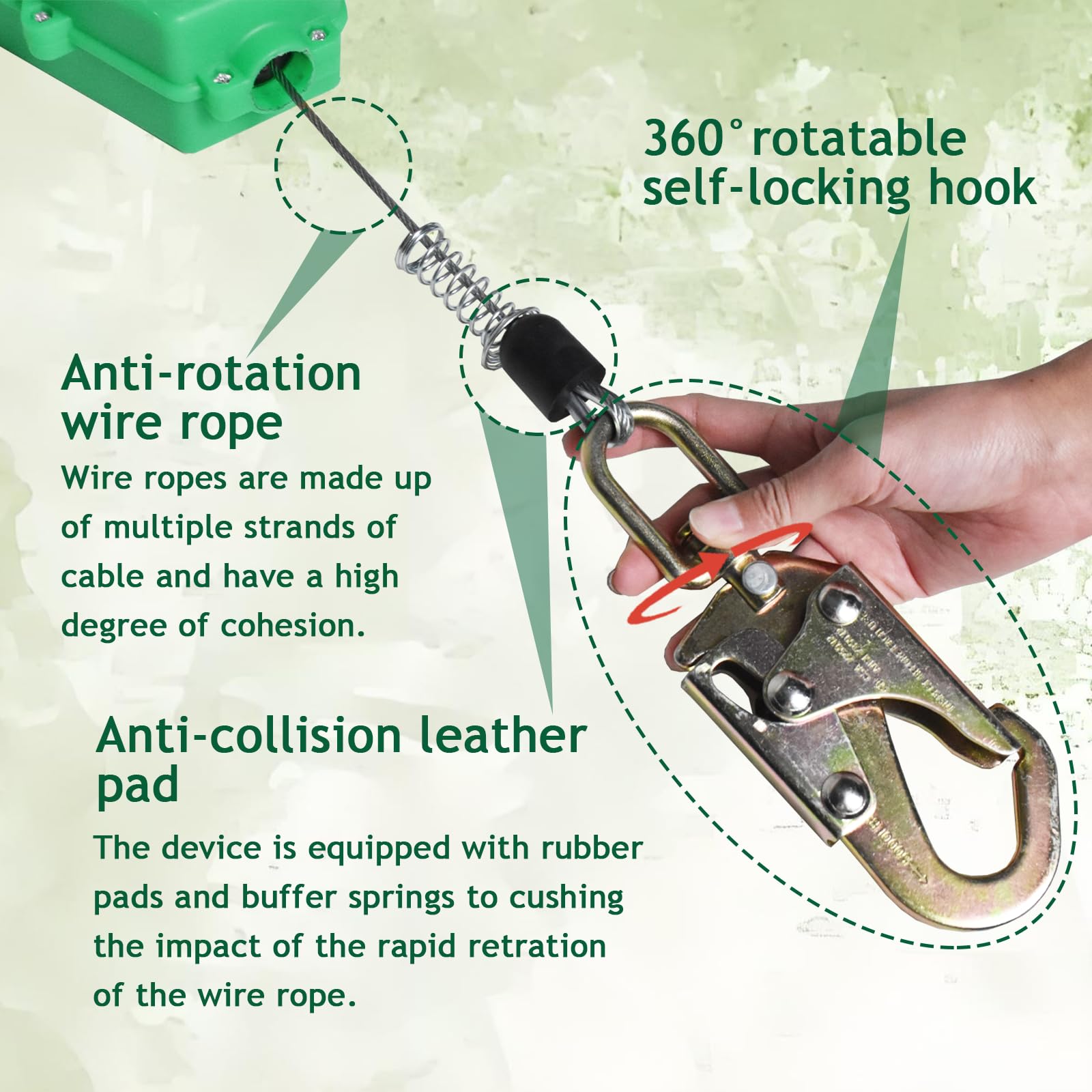Arnes Linea de Vida Retractil Tejado, Dispositivo Retractil Anticaidas Seguridad Homologado 10 Metros, Arnes Retractil Seguridad para Trabajo Altura y Tejado, Carga Máxima:150kg(Verde, 10m)