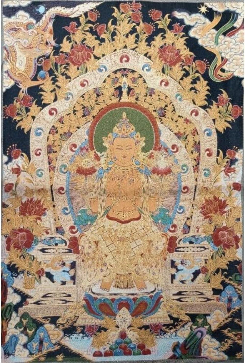 Thangka Silk Embroidery Tibetan Thangka Buddhism Dragon Phoenix Longevity Buddha Yoga Buddhist Tapestry Wall Hanging Wall Art Home Decor Tapestry Meditation