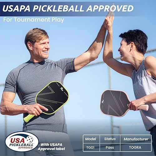 Miniatura 2 de TOGRA Palas de pickleball aprobadas por USAPA, juego de 2 palas de pickleball de fibra de carbono, ligeras raquetas de pickleball de grafito con 4