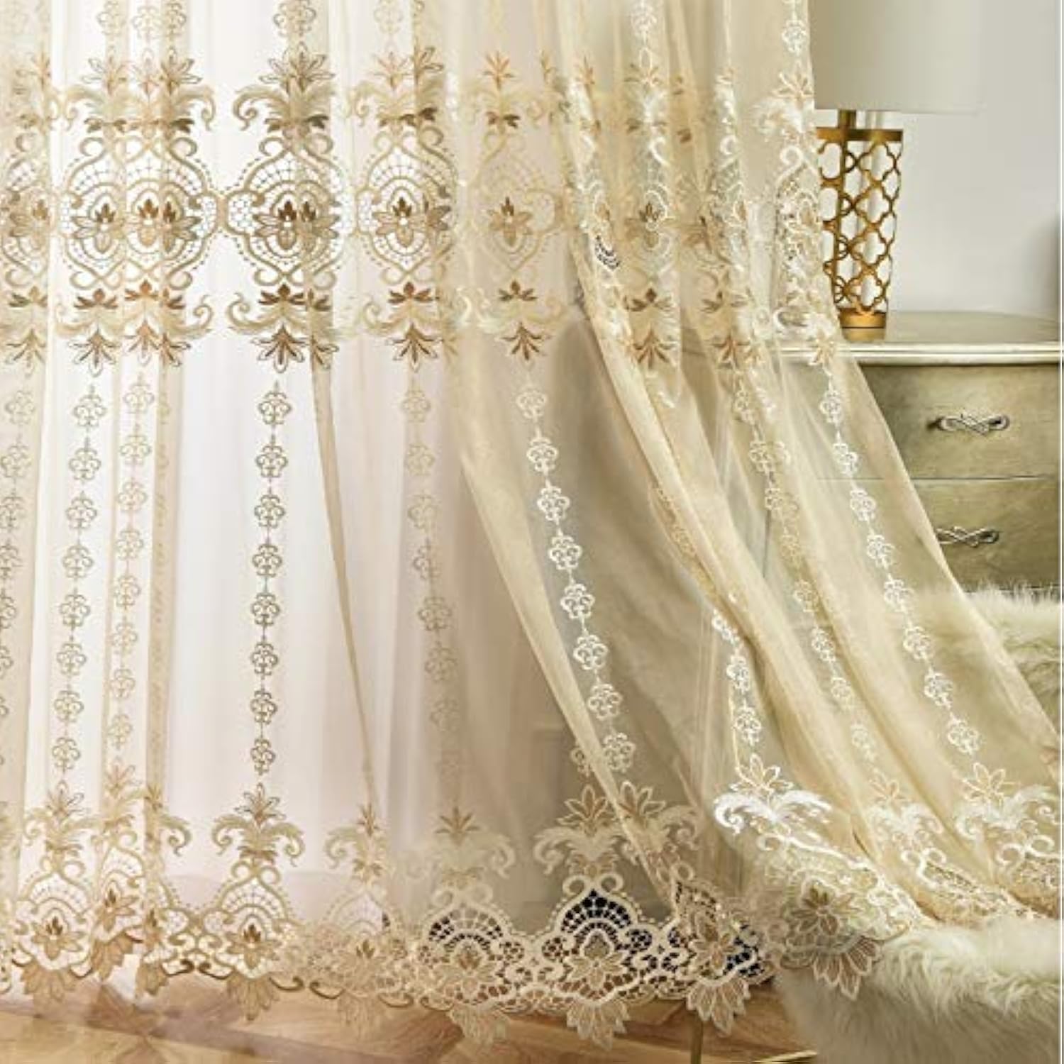 Voile fleurs brodées rideaux transparents en tulle beige rétro haut de gamme 300x270