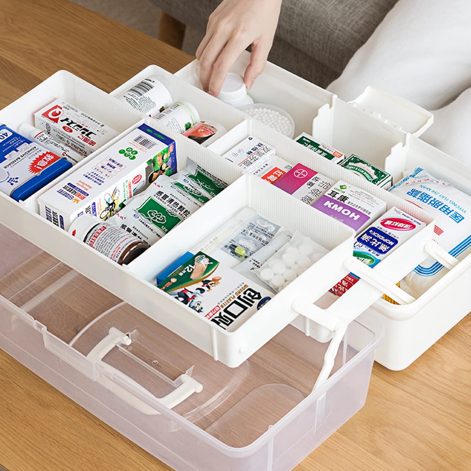 Winter Tragbares Erste-Hilfe-Set, 3-lagige Aufbewahrungsbox für Medikamente mit großem Fassungsvermögen, Hausapotheke-Organizer mit Deckel für Zuhause, im Freien, 14,6 * 7,5 * 7,1 Zoll