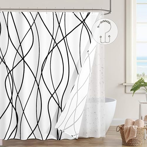 Miniatura 11 de ORTIGIA Cortina de ducha con forro, rayas grises onduladas, cortina de ducha 3 en 1 con 12 ganchos de metal de doble cara a prueba de óxido