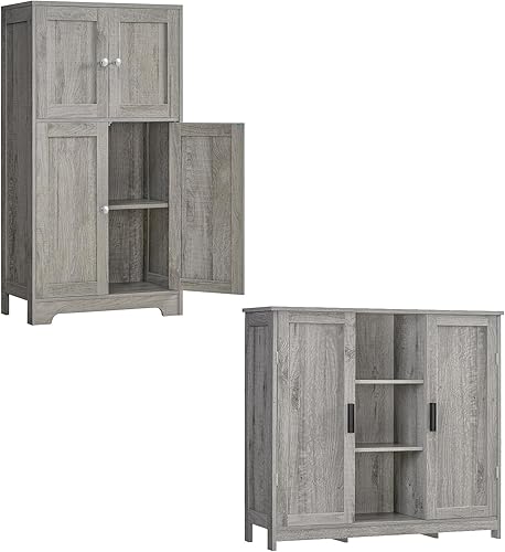 Iwell Gabinete de almacenamiento grande, armario de almacenamiento de baño con 4 puertas y estante ajustable, gabinete de piso de baño, gabinete