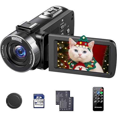 Camcorder Video Camera, Digital Camera 42MP 4K Camera for Vlogging with 18X Digital Zoom 3” 270° Rotation Screen Cam Corder for YouTube with 2 Batteries, 32GB SD Card, Remote Control