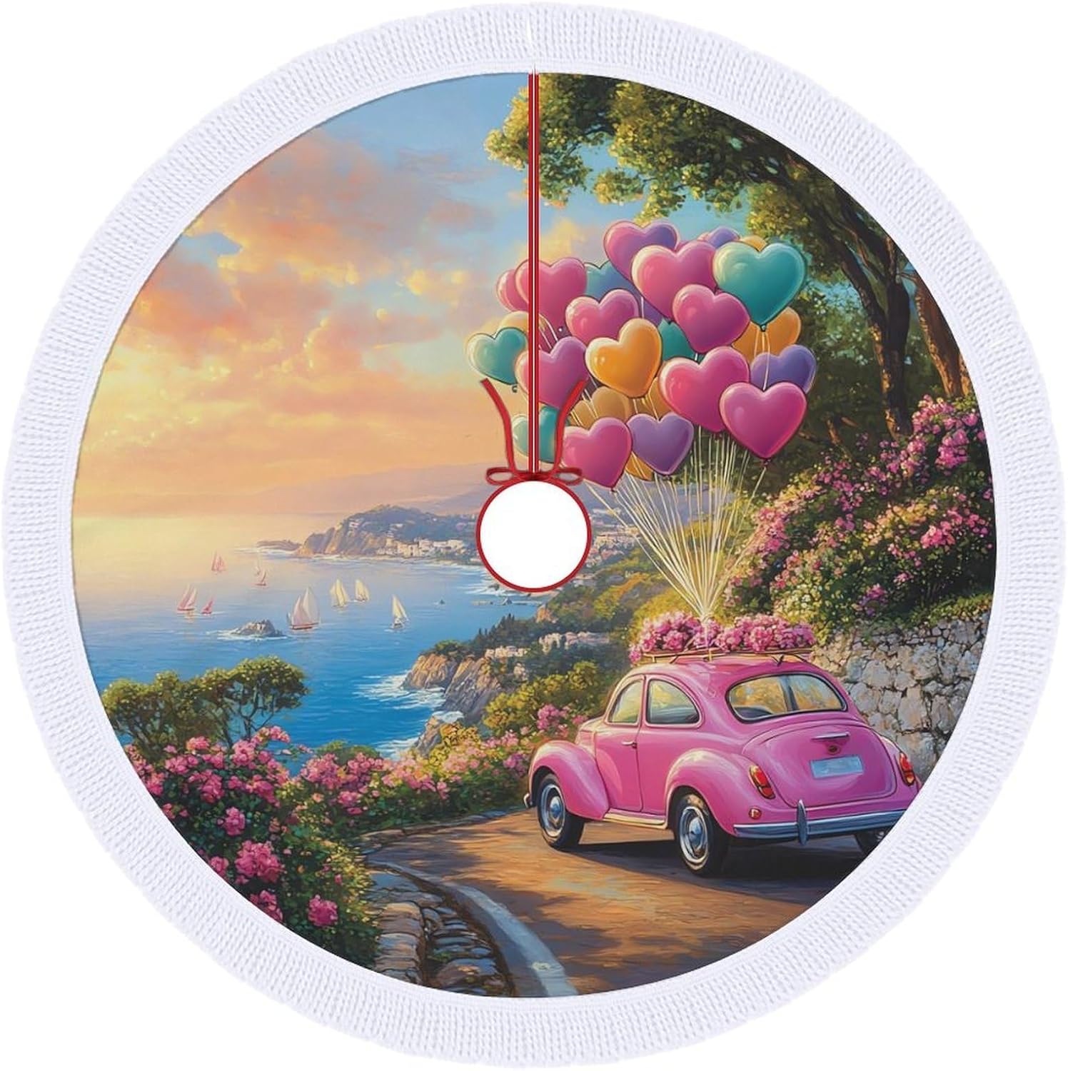 Car Balloon Christmas Tree Skirt Round Xmas Tree Mat Ornaments Tree Skirts with Tassels for Holiday Party