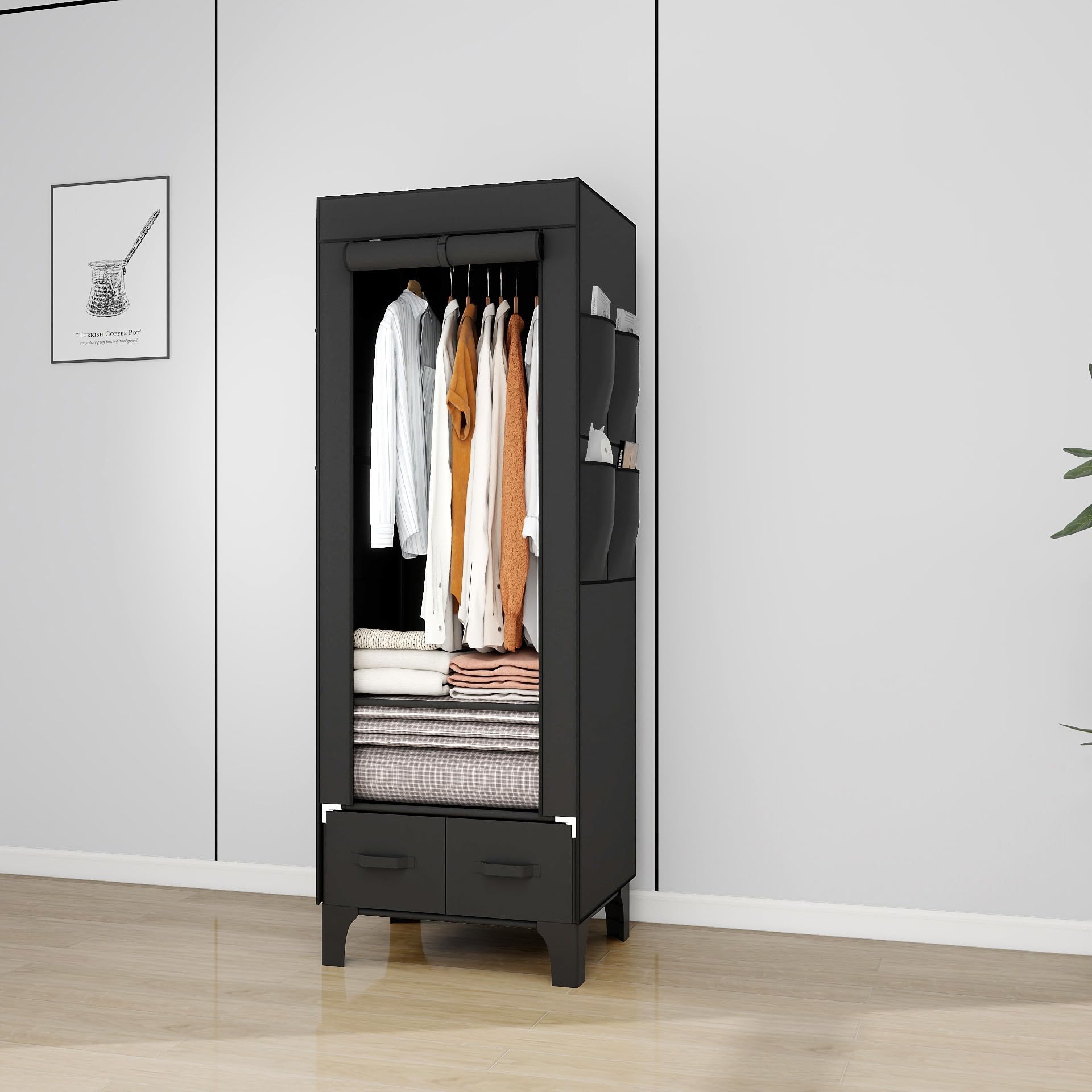OPPAIYA Stoffschrank Stabil & Schmal 69cm, Faltbarer Kleiderschrank mit 2 Schubladen & 8 Seitentaschen, Kleiderständer Stabil mit Abdeckung, Campingschrank für Schlafzimmer, 69x45x160 cm Schwarz