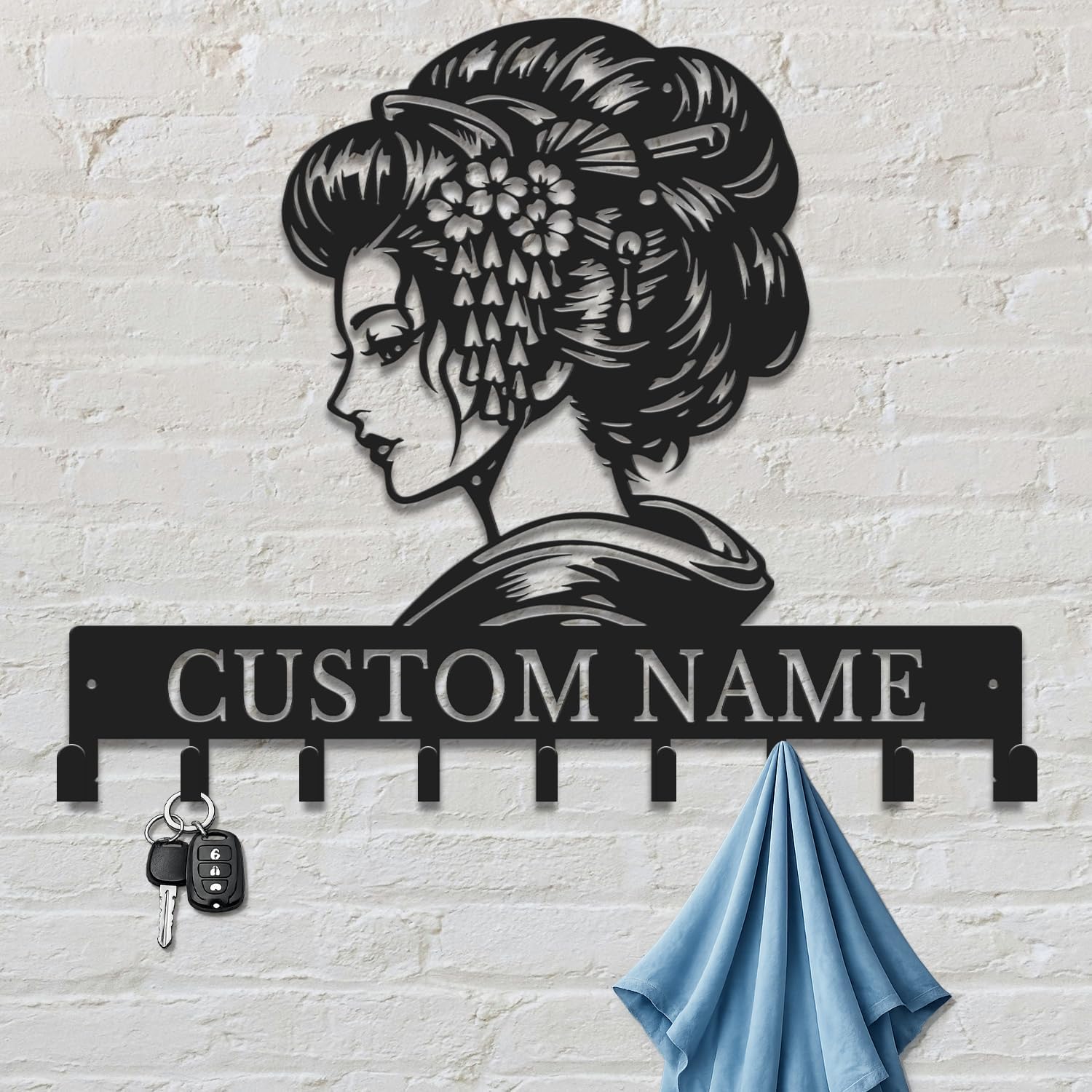 Custom Geisha Metal Wall Art with Hook - Personalized Japanese Girl Name Sign with Colorful Umbrella, Asian-Inspired Room Decor for Bedroom Spa, Unique Gift for Bestie (Style-4) image 2