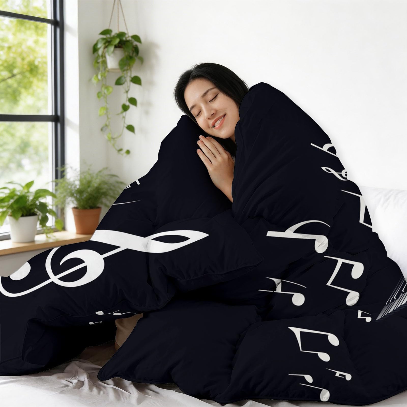 Generico Musica Pianoforte Note Musicali Trapunta Invernale Matrimoniale Imbottita in Morbida Microfibra, Piumone Letto Autunno Inverno Traspirante Anallergico Fantasia 2 Piazze, 220 x 240 cm, Nero