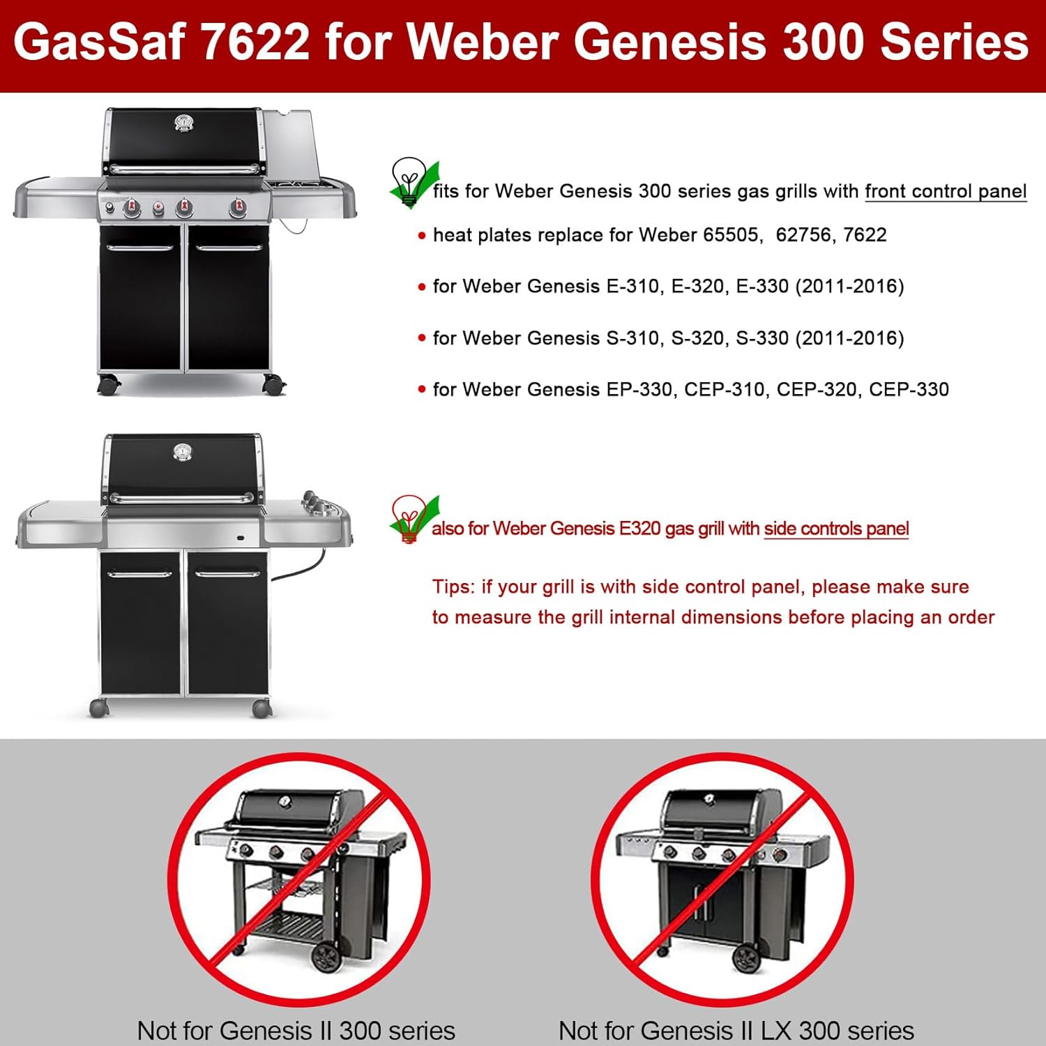 GasSaf 19.5 Grill Grates, 17.5 Flavorizer Bar and 13-1/4 Heat Deflectors for Weber Genesis 300, Genesis 310 320 330 and More Gas Grills with Front Control Panel, Grill Parts for Weber 7524 7620 7622