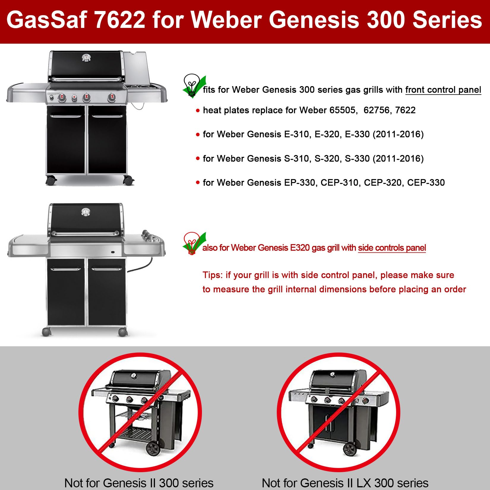 GasSaf 304 Heat Deflector 7622 Heizplatten für Weber Genesis 300 mit Frontbedienfeld, 304 Edelstahl Genesis 300 Grillteile