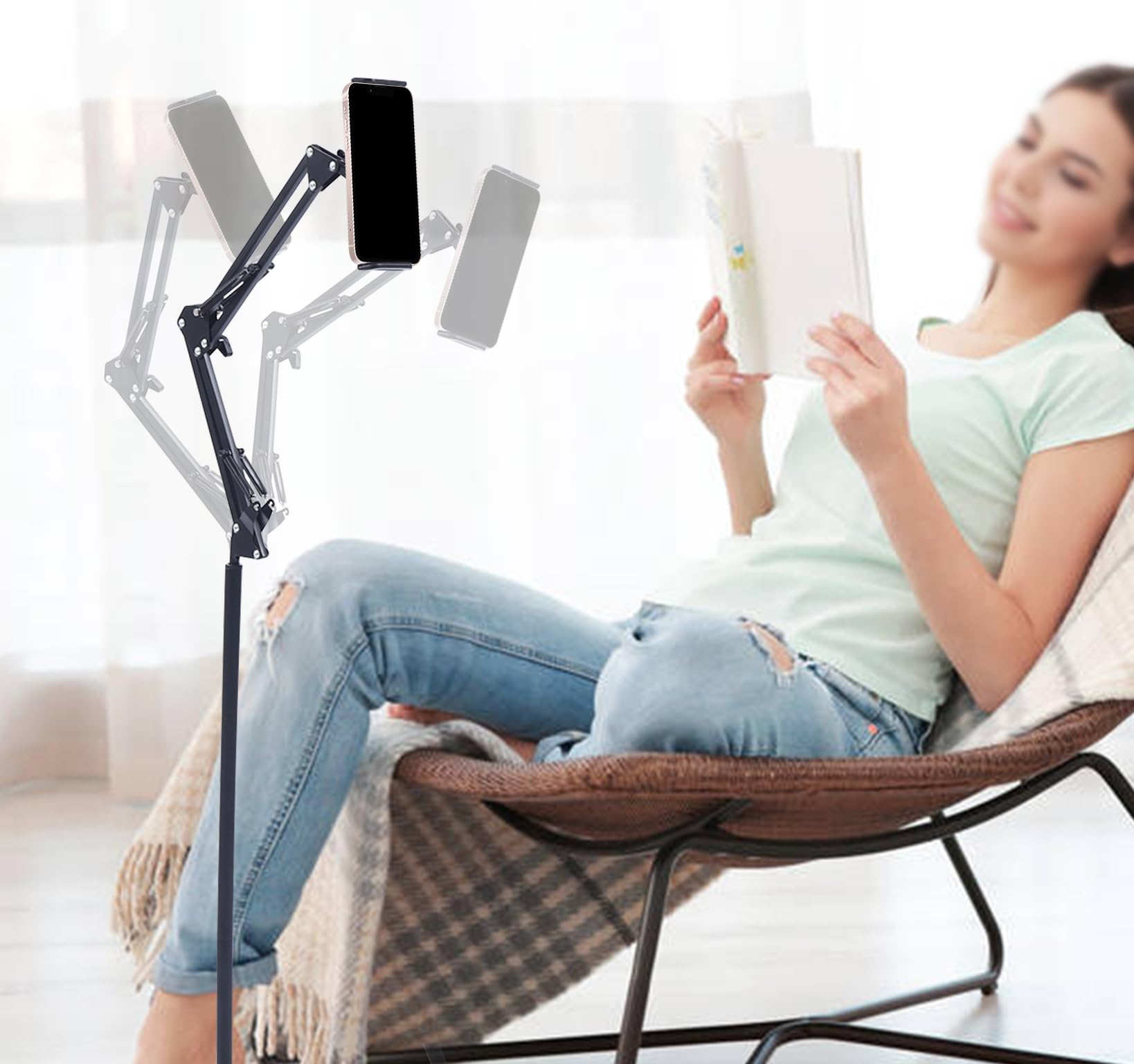 Soporte de suelo para tableta, soporte ajustable, con base resistente, universal, giratorio 360 grados, brazo de metal estable, soporte para teléfono móvil, para casa, cama, sofá, oficina