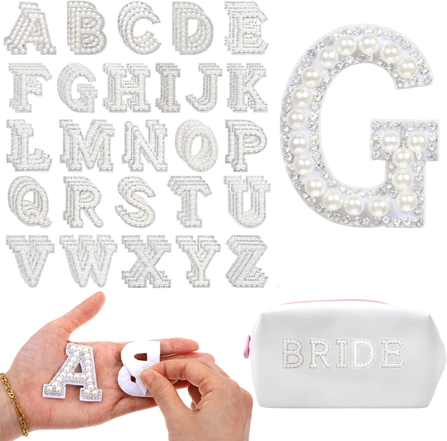 78 Pcs Pearl Iron On Letter Patches, Pearl Iron on Letters for Clothing, Rhinestone Iron-on Patch A to Z Letters, White Letter Patches Iron-on, Sew on Appliques for DIY Supplies