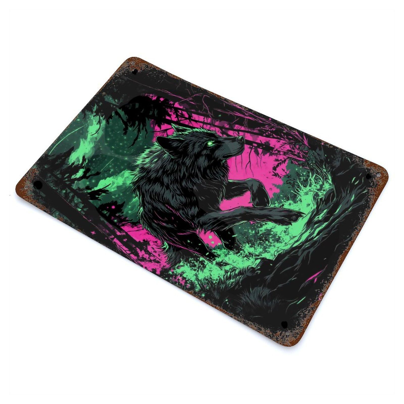 Wolf in Neon Forest Retro Metal Sign 11.8"x7.9", Vintage Wall Decor for Garage, Pub Or Kitchen