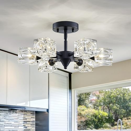 XINGQI Sputnik - Lámpara de techo de 6 luces color negro, semiempotrada, lámpara de techo industrial, iluminación de vidrio para pasillo, comedor,