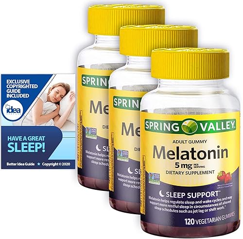 Gomitas de melatonina para adultos, apoyo para dormir de Spring Valley, 5 mg, 120 unidades (paquete de 3) + "Have a Great Sleep - Better Idea Guide"
