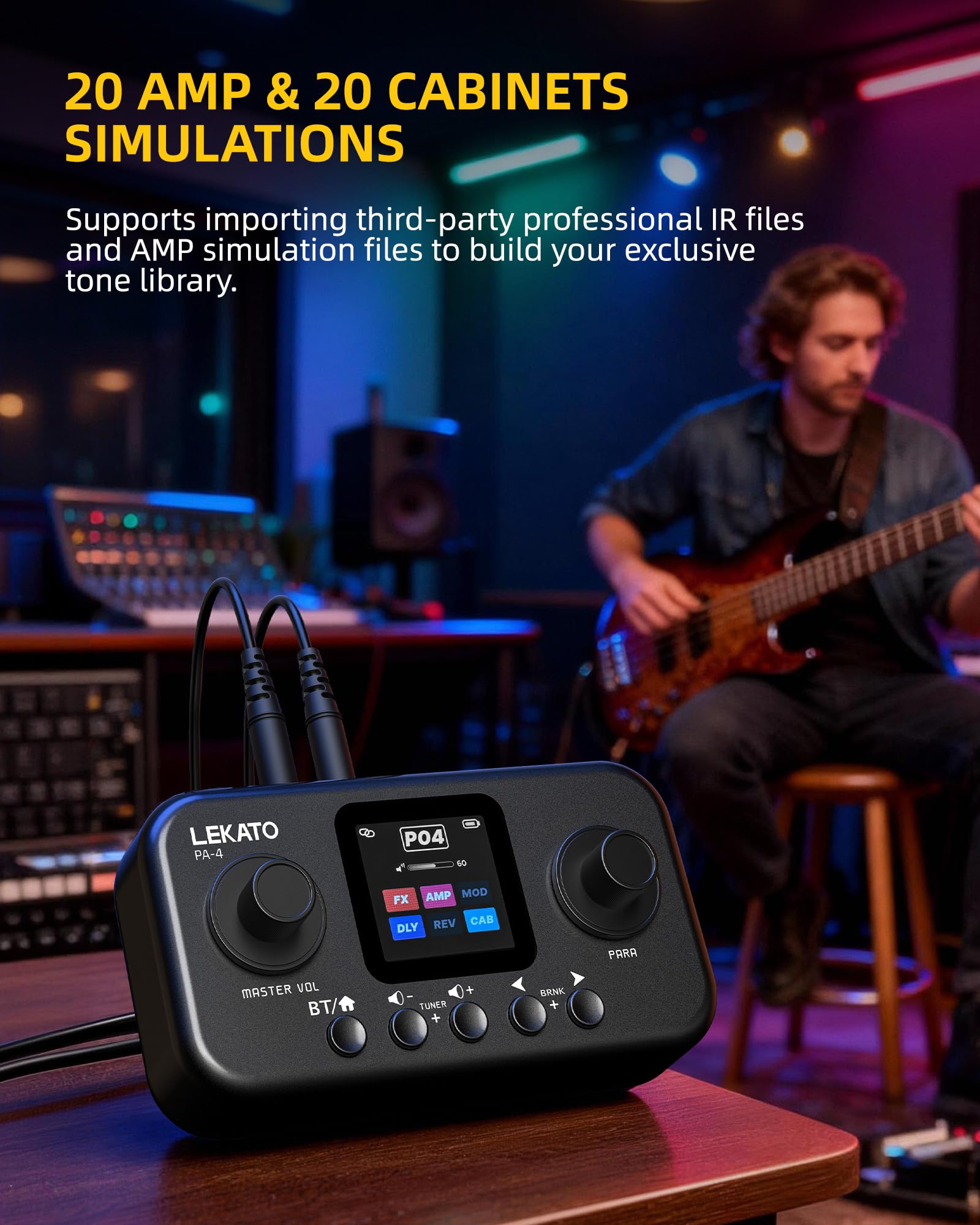 LEKATO Guitarra Pedal Multiefectos con 80 presets, 6 módulos de efectos, 20 Amp/Cab, Interfaz de audio USB OTG y BT, Procesador de Efectos Portátil para Guitarra y Bajo