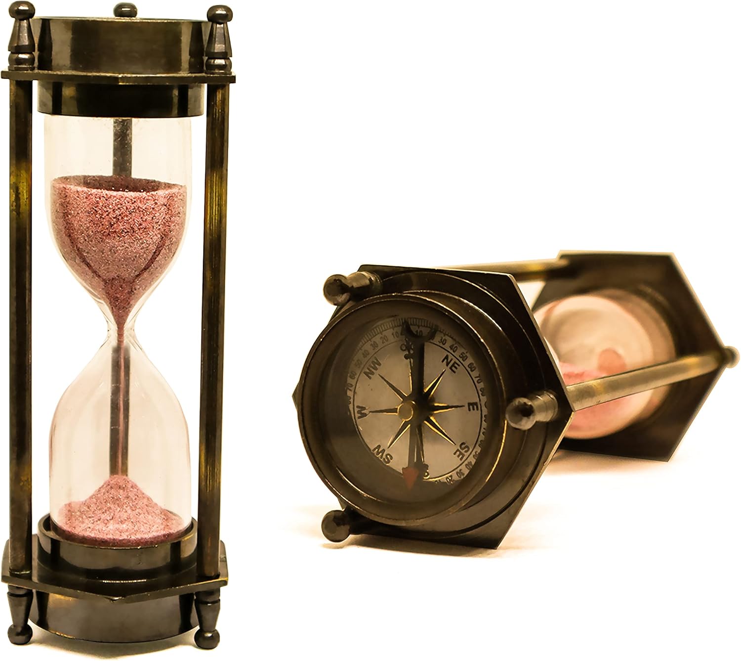 Dual Face Compass with 5-Inch Antique Sand Timer Hourglass – Vintage Brass Navigation & 5-Minute Timepiece for Home Decor, Office & Desk Display – Nautical Decorative Gift for Men & Women