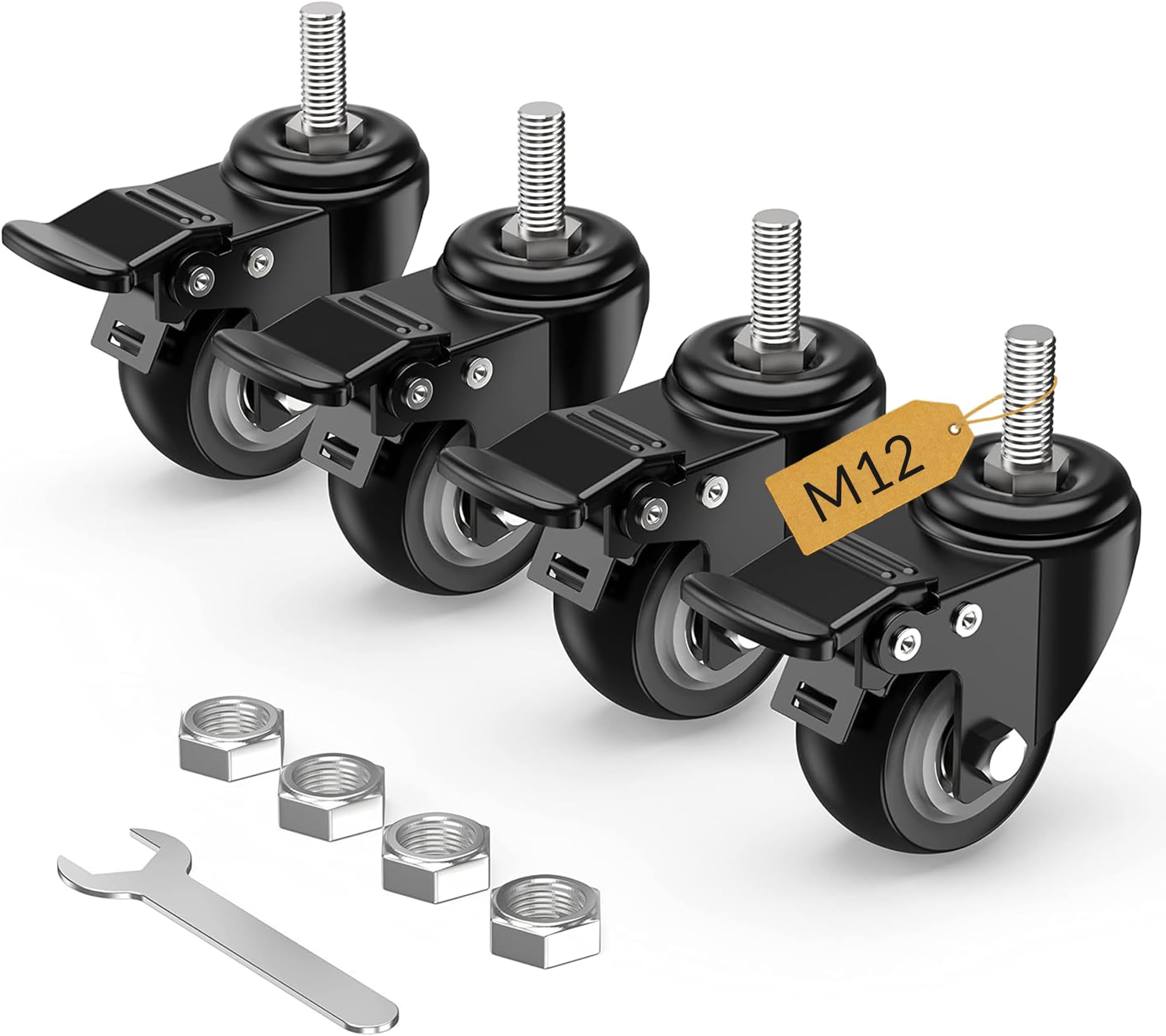 Castor Wheels with Brakes Stem Castors Set of 4 Heavy Duty, M12 x 15mm Threaded Stem Caster Locking Swivel Trolley Furniture Casters Black