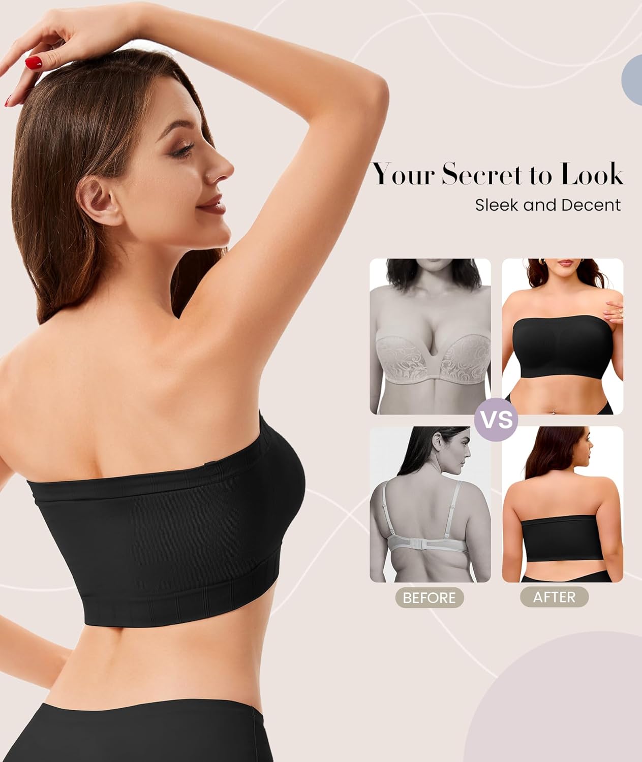 Strapless Bra for Women No Slip Silicone Grip Bandeau Bra with Fixed Pads Convertible Tube Top Bra with Fabric & Clear Straps - Image 5