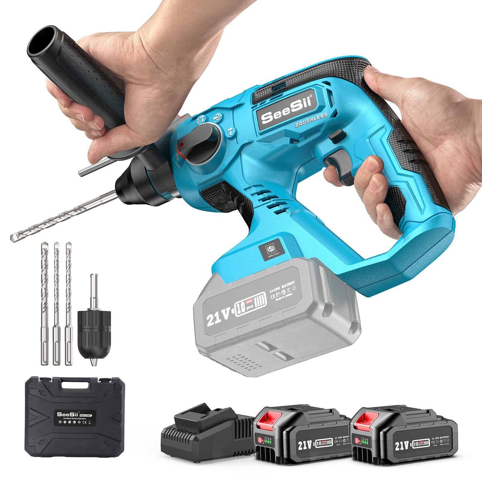 Seesii 4-in-1 Martillo Perforador a Bateria: Energía de Impacto 2,1 J, Motor sin Escobillas, Empuñadura Antivibraciones, Martillo Percutor con Batería 2 * 4,0 Ah, 3 Brocas SDS-Plus y 2 Cinceles