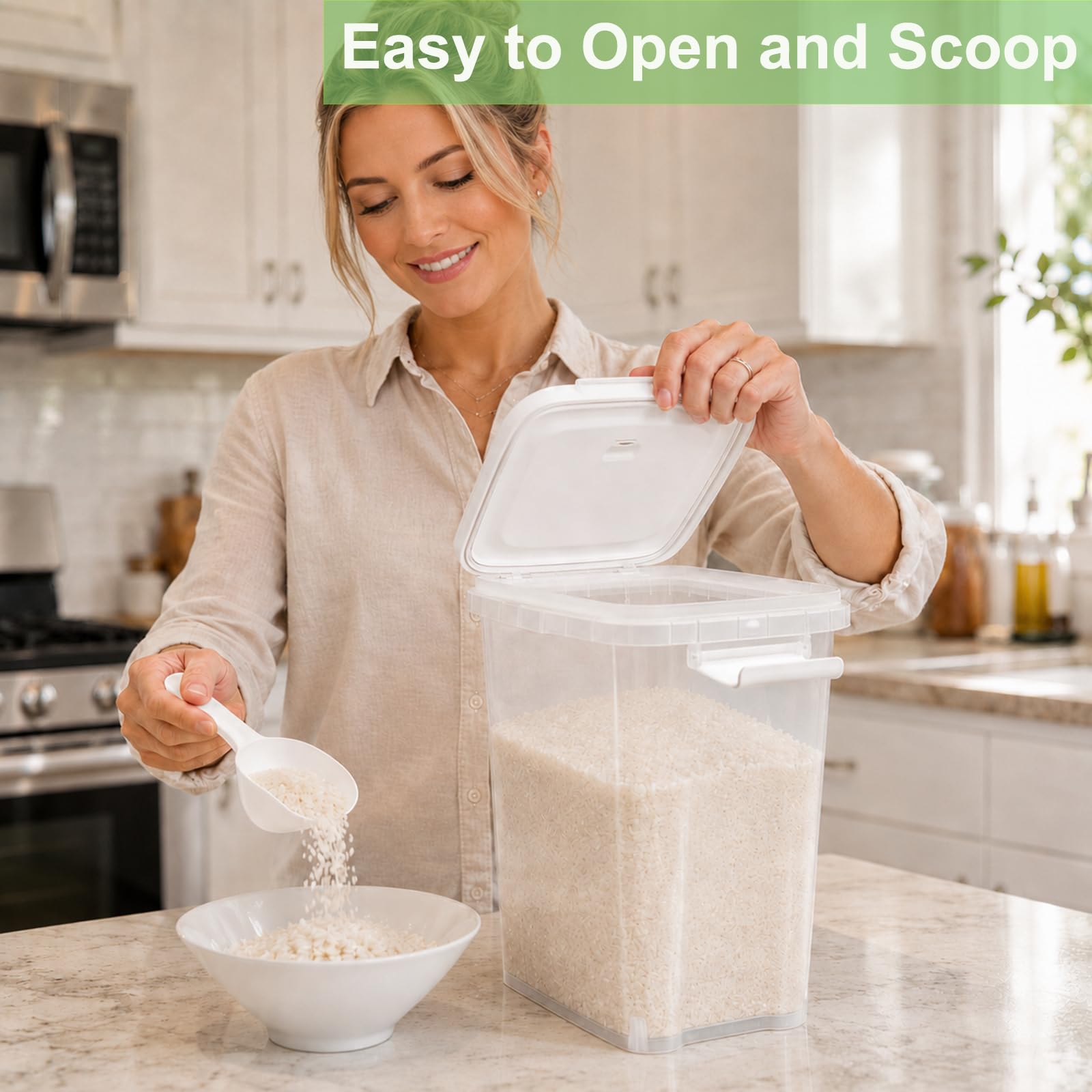 Contenedor de arroz hermético de 15 libras, contenedor hermético para harina con cuchara, contenedor de plástico de grado alimenticio para cereales, azúcar, dispensador de alimentos secos para cocina,