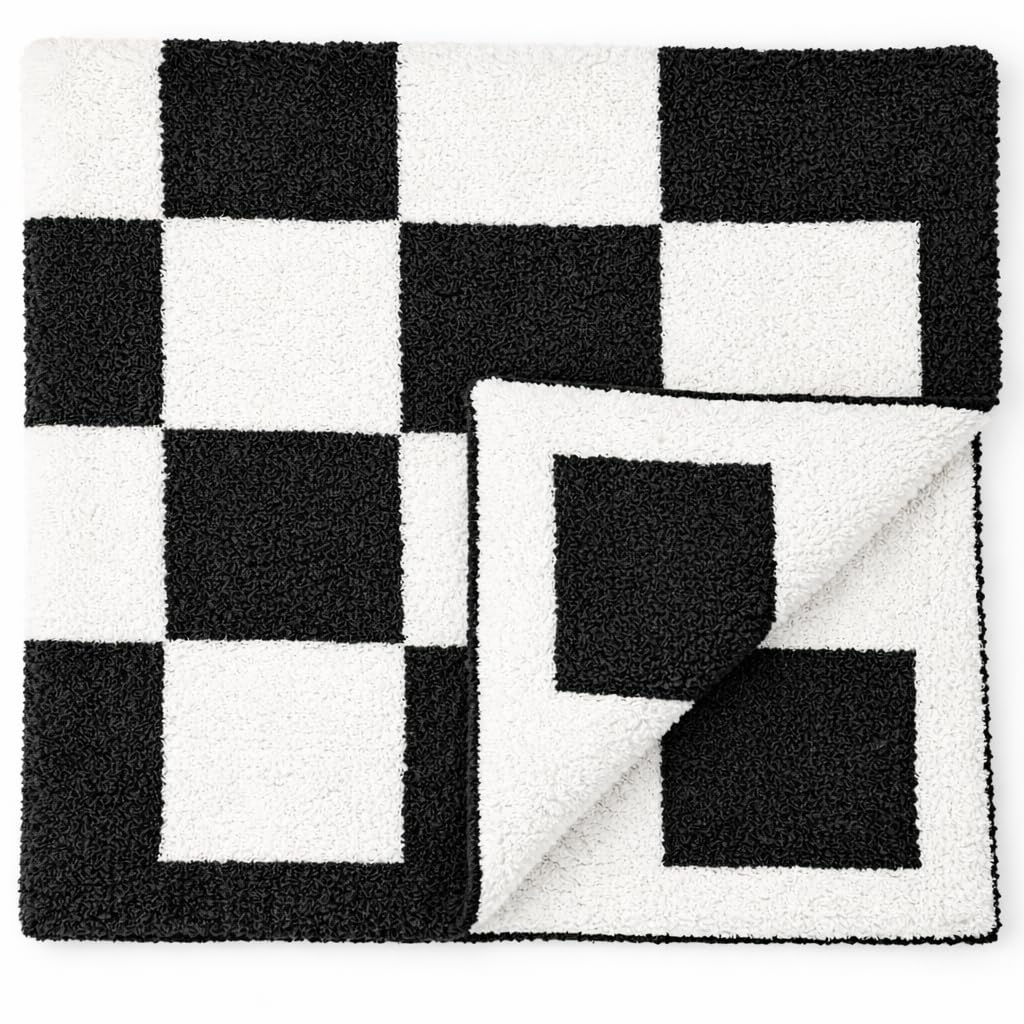 Manta de bebé a cuadros de 28 x 40 pulgadas con parche de cuero, manta de punto suave para cuna o cochecito, manta de recepción/regalo esencial para niños pequeños, bebés o niños (negro/blanco)