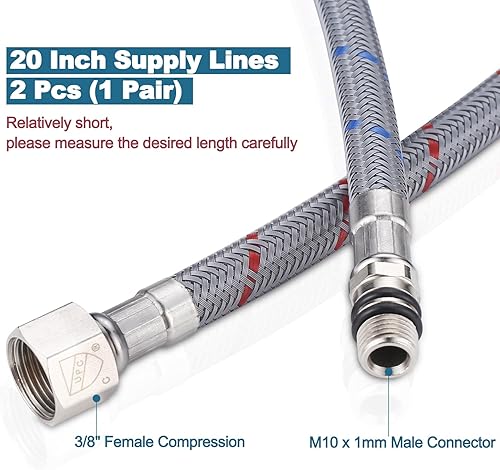 Miniatura 3 de ARCORA Manguera de grifo de baño de 20 pulgadas, líneas de suministro de nailon trenzado cUPC de compresión hembra de 38 pulgadas × conector macho