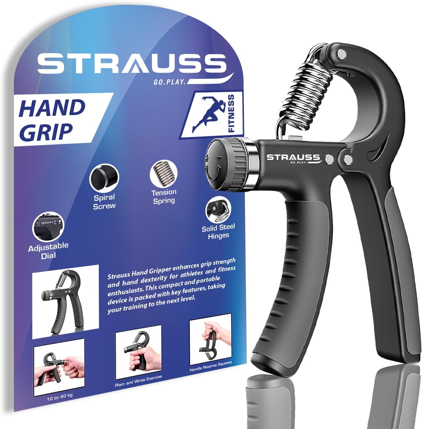 Strauss Adjustable Hand Grip| Adjustable Resistance (10KG - 40KG) | Hand/Power Gripper for Home & Gym Workouts | Perfect for Finger & Forearm Hand Exercises & Strength Building for Men & Women (Black)