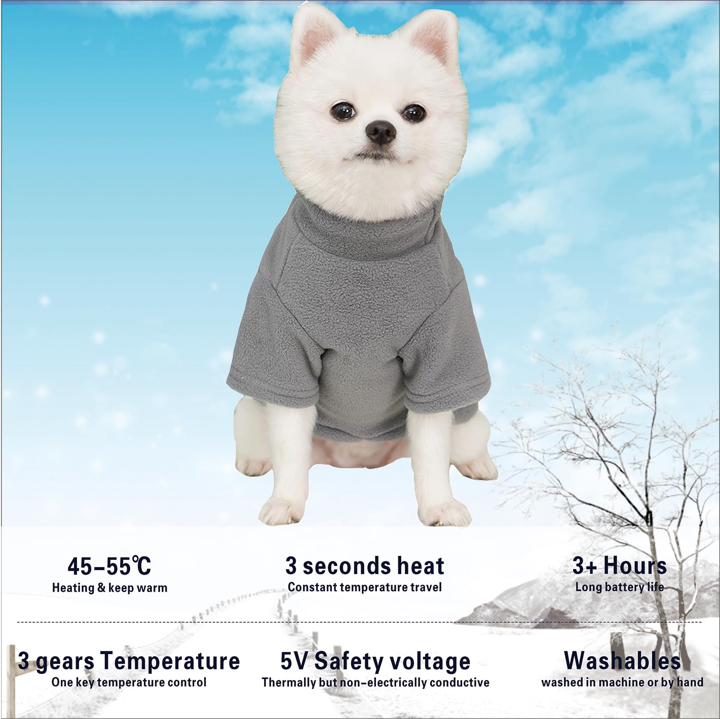 MYI Manteau chaud d'hiver pour chiens de petite taille et moyenne et grande taille Veste froide à l'extérieur/à l'intérieur - Gris-L (piles non incluses)