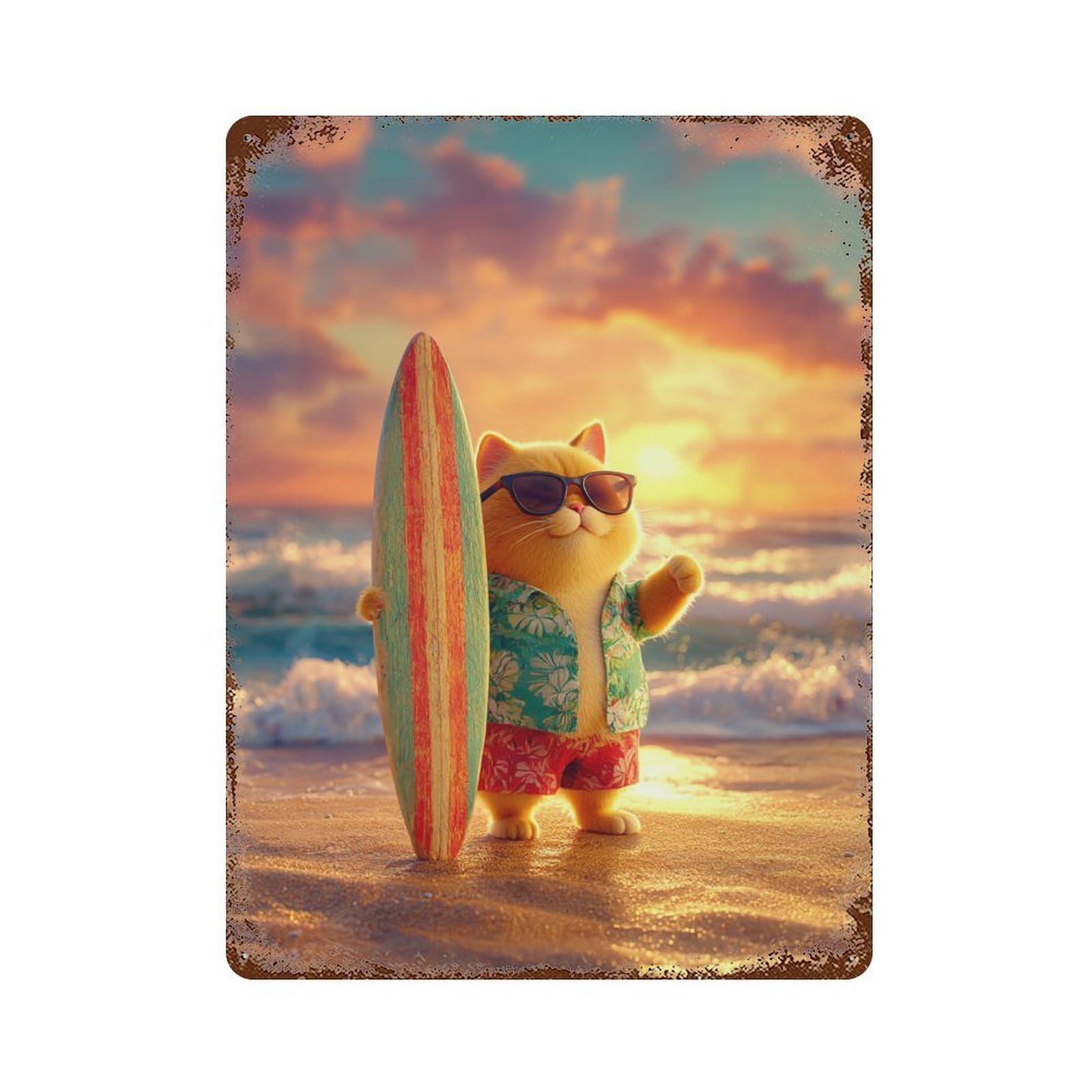 Vintage Rust Metal Sign Surfing Cat Beach Fun 15.7"x11.8", Industrial Home Decor for Farmhouse, Kitchen And Entryway Decor