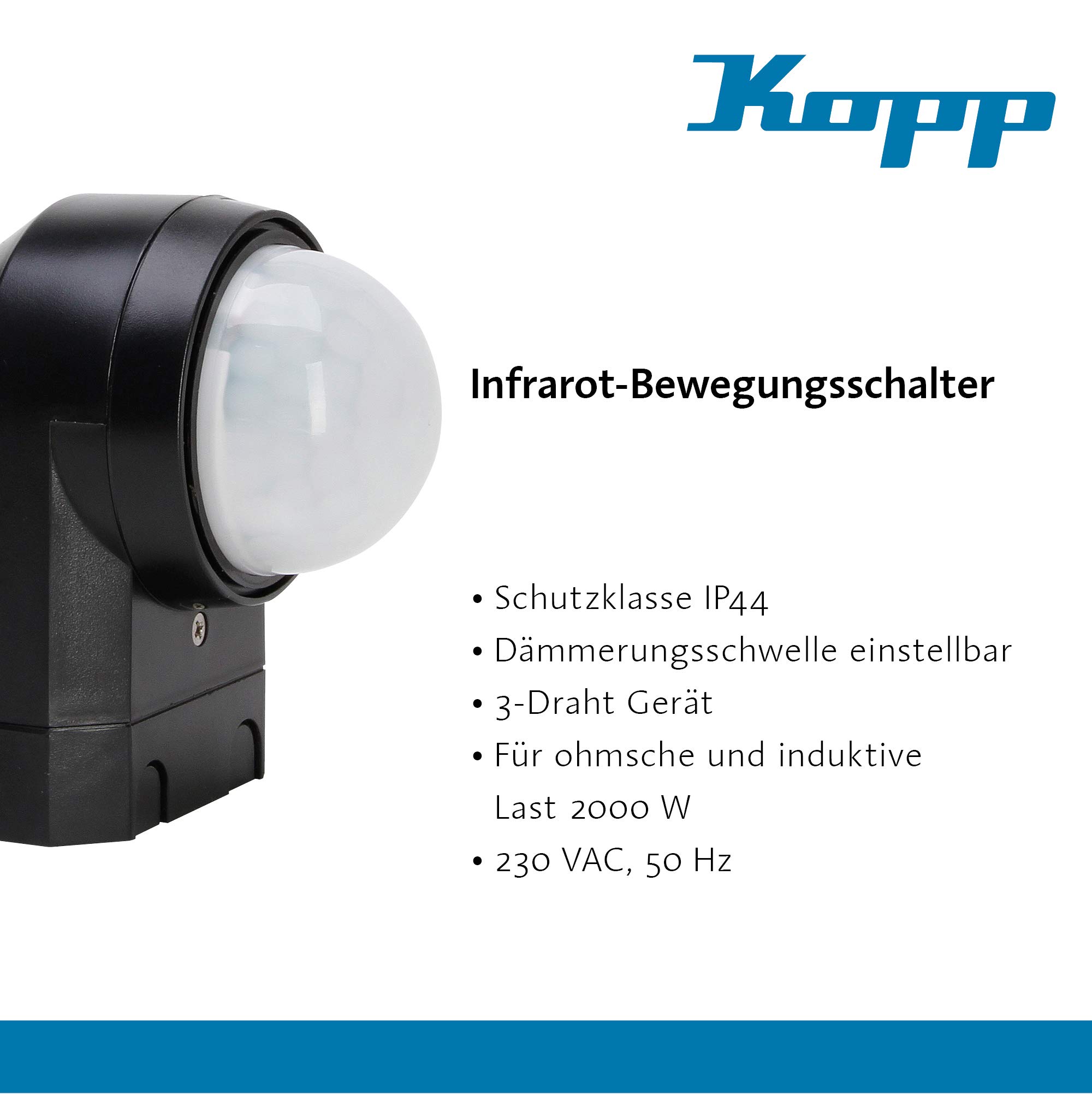 Kopp Infracontrol Détecteur de mouvement, 240°, portée 12m, détecteur de mouvement infrarouge en saillie pour l'extérieur et l'intérieur, IP54, noir, 824605012