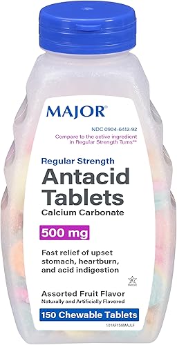 Major Comprimidos antiácidos de fuerza regular, carbonato de calcio de 500 mg, sabor a fruta surtido, 150 unidades masticables (1 paquete)