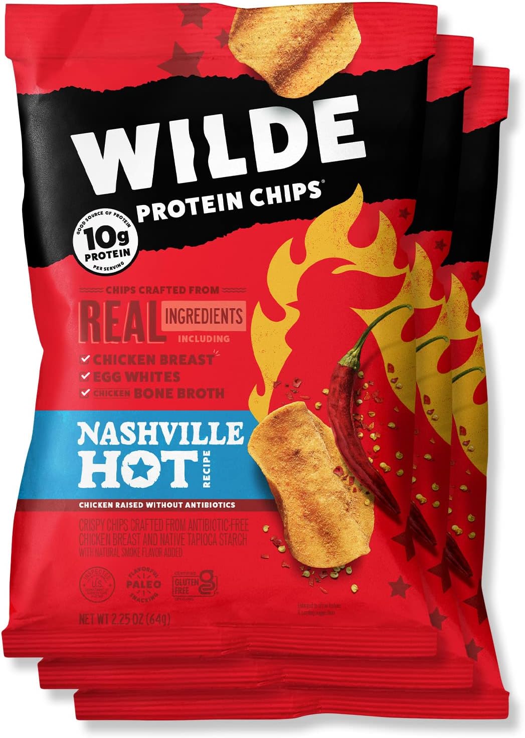 WILDE Nashville Hot Protein Chips, Thin and Crispy, High Protein, Keto friendly, Made with Real Ingredients 2.25oz Bags (Pack of 3)…