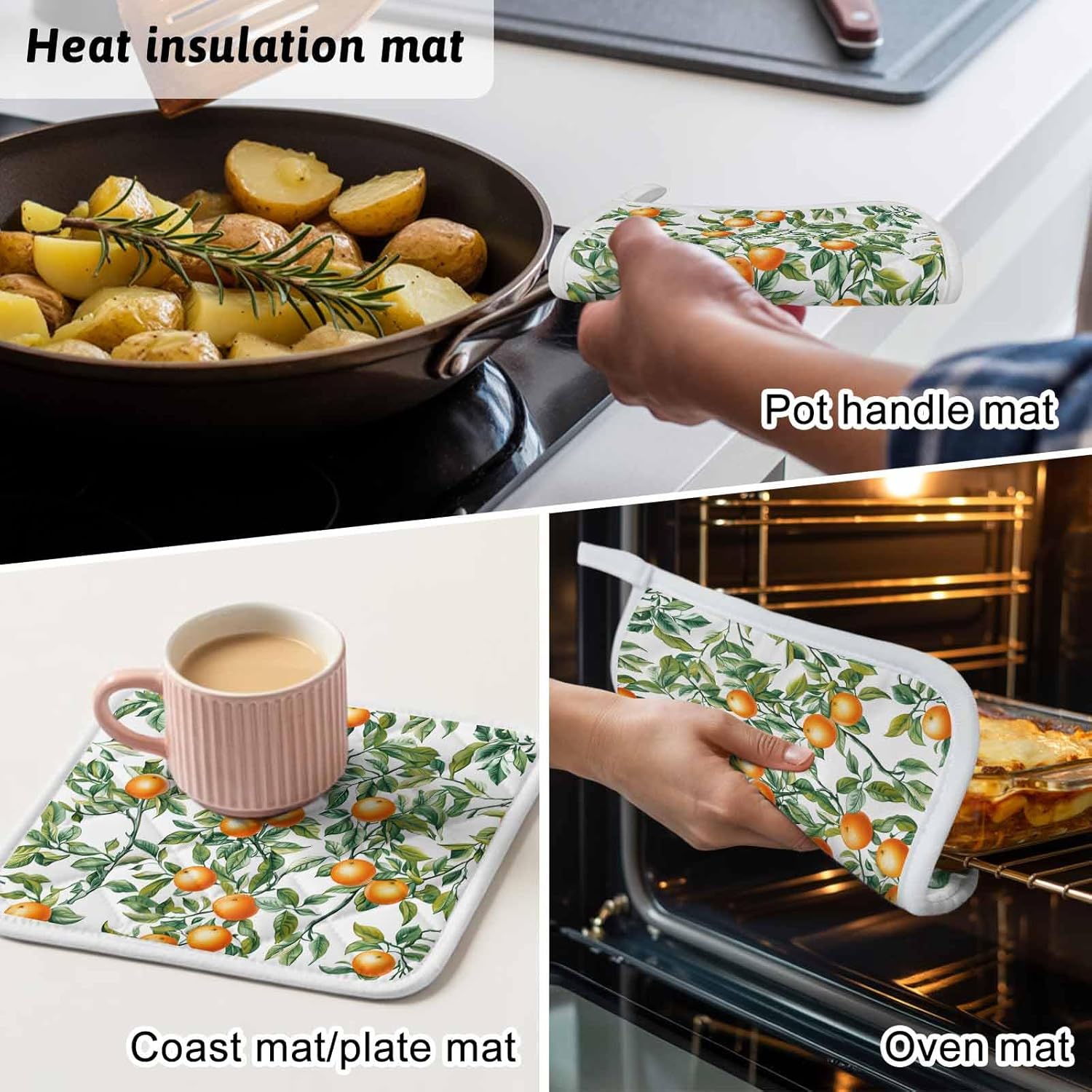 5 Pack Pot Holders for Kitchen, Green Leaves Orange Hot Pads for Kitchen Countertops Oven Pot Holder Bulk, Summer Farmhouse Botanical Heat Insulation Potholders with Hanging Loops