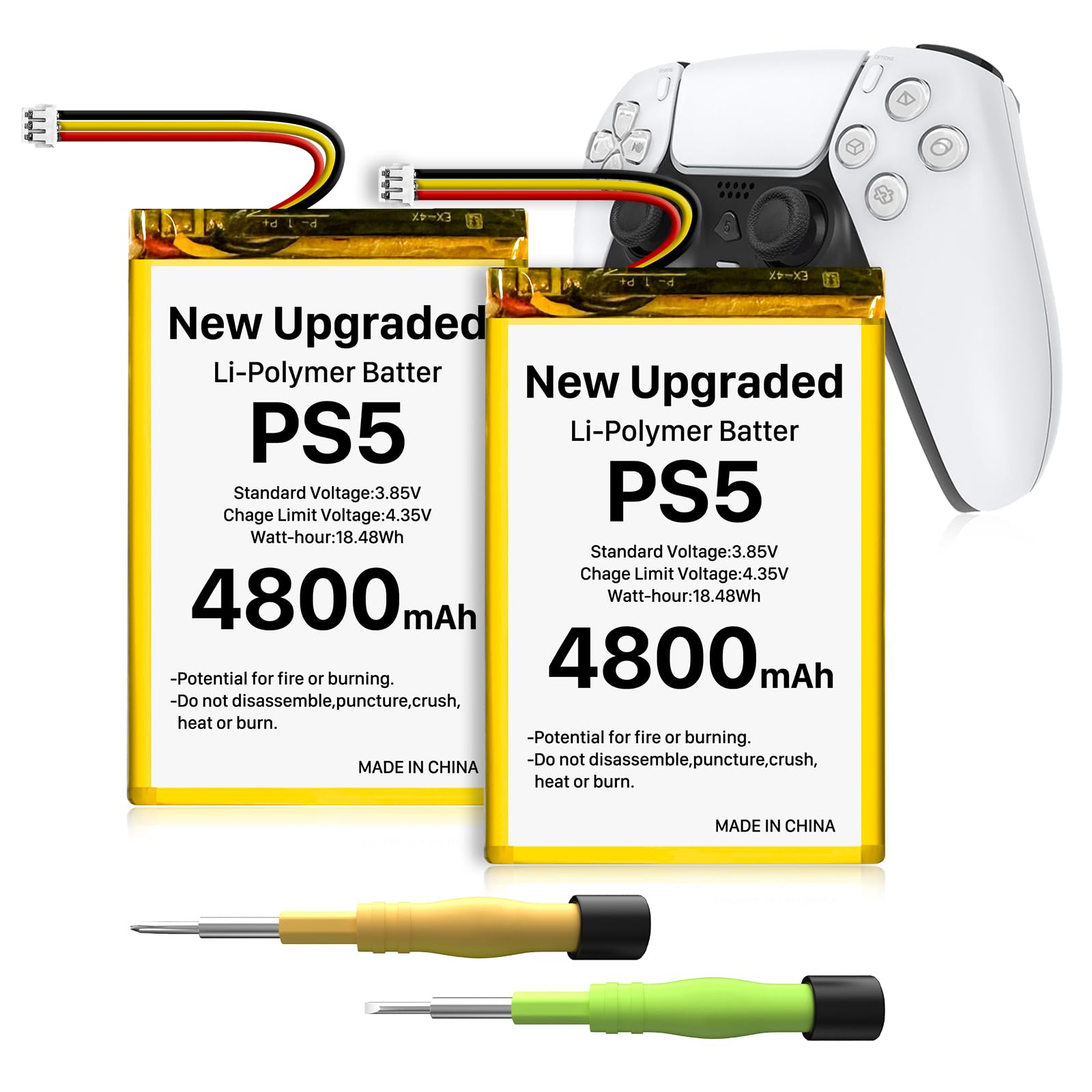 Opakowanie 2 sztuk baterii do kontrolera PS5, [Ulepszona] 4800 mAh LIP1708 litowo-jonowa bateria zamienna do kontrolera Sony Playstation 5 Dualsense CFI-ZCT1W, zastępuje pakiet baterii PS5 LIP1708 z