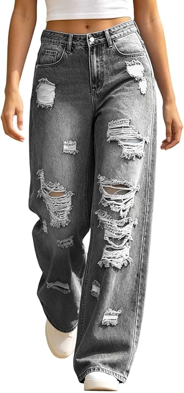 Ripped Jeans for Women High Waist Wide Leg Denim Pants Distressed Casual Streetwear Vintage Style Trousers