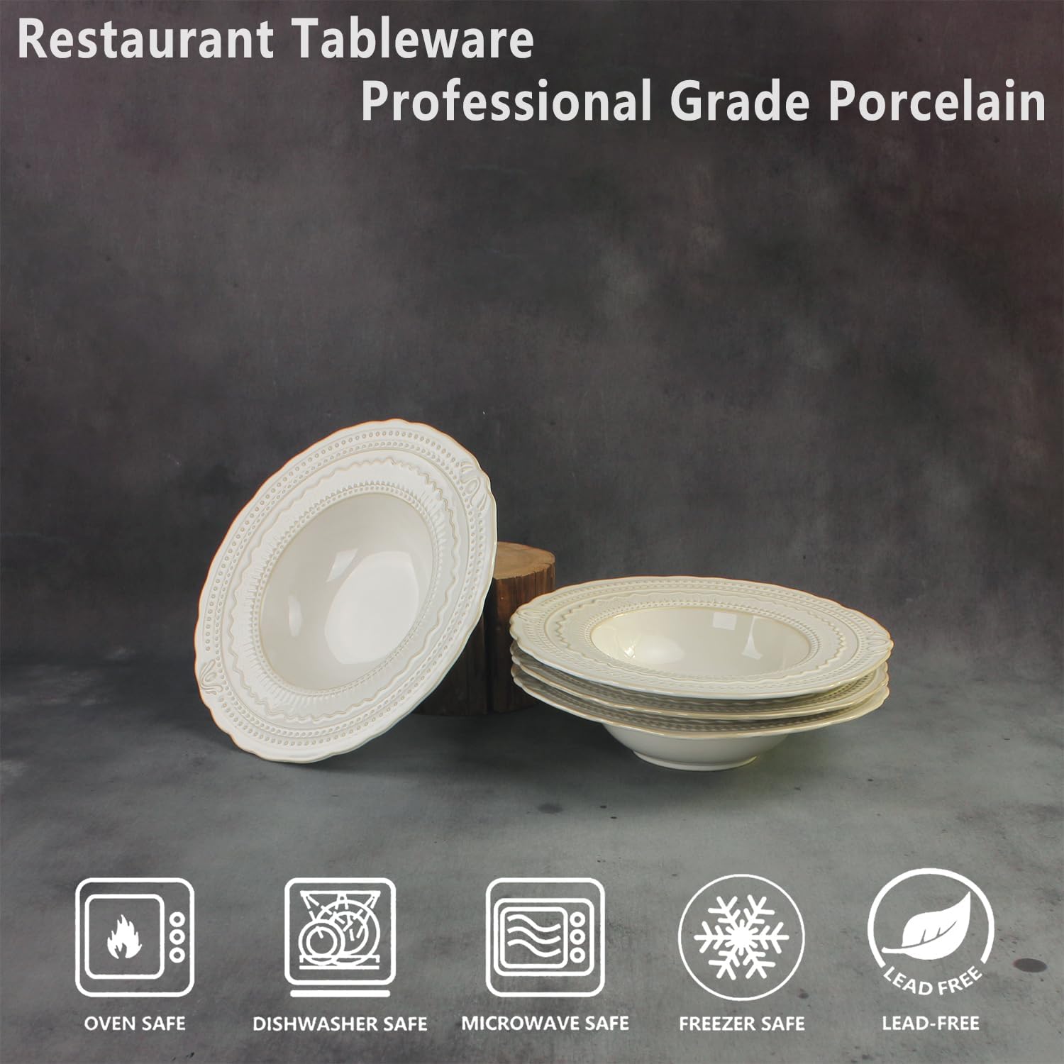 Ceramic soup bowl and pasta plate set (4 pieces) 10.1 oz. Embossed soup bowl, porcelain wide-rimmed pasta plate, vintage cream-style plate, microwave and dishwasher safe