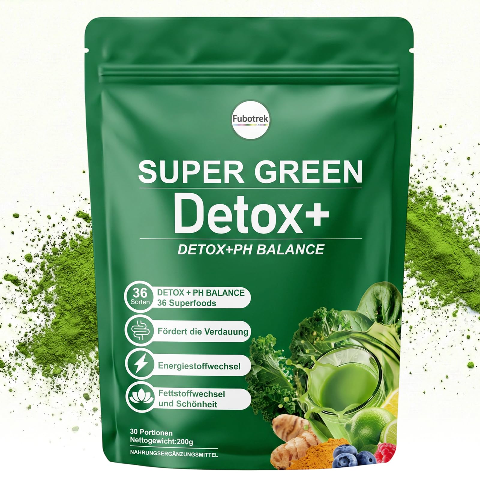 Grüne Entgiftungspulver, 200g Grüner Superfood Helfer Pulver, Greens Pulver Helfer mit 36 Pflanzenstoffen, inkl. Spirulina & Weizengras,Matcha, Rich in Makro- & Mikronährstoffen & Fiber, PH-Balance